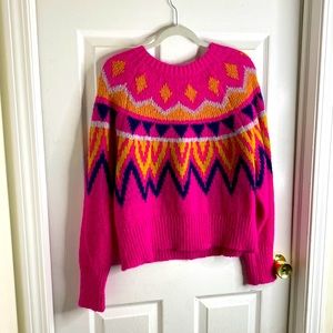 a. new. day pink yellow blue recycled poly blend crew neck sweater size L flaws